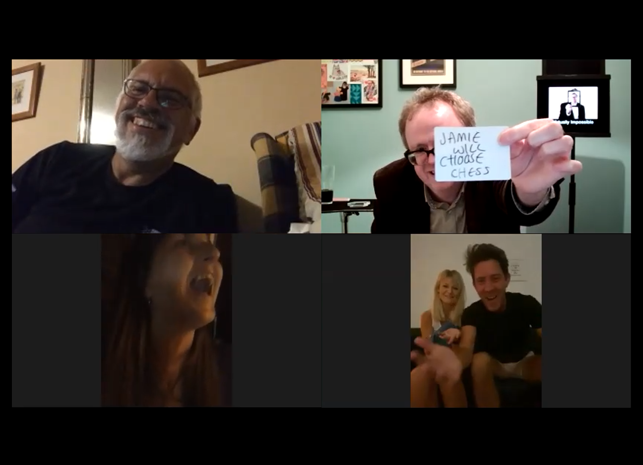 Laughing people on Zoom taking part in Noel Qualter's online magic show